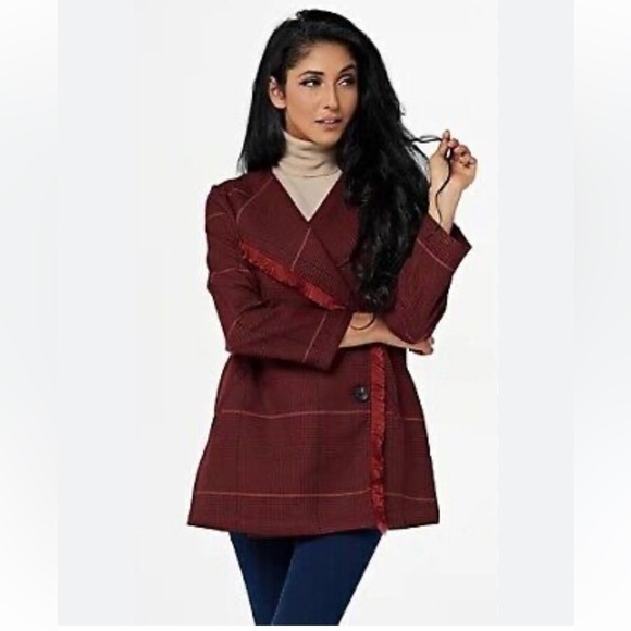 NWT LAURIE FELT Burgundy Plaid Zoe Wrap Coat Blazer Size Large - Picture 1 of 8